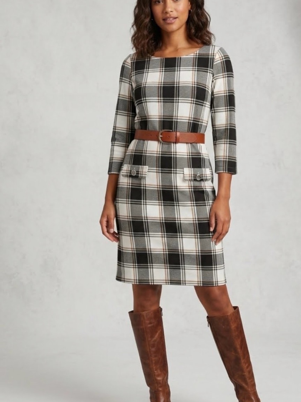 Ann Taylor Plaid Shift Dress Boatneck 3/4 Sleeves Black, White & Tan Small